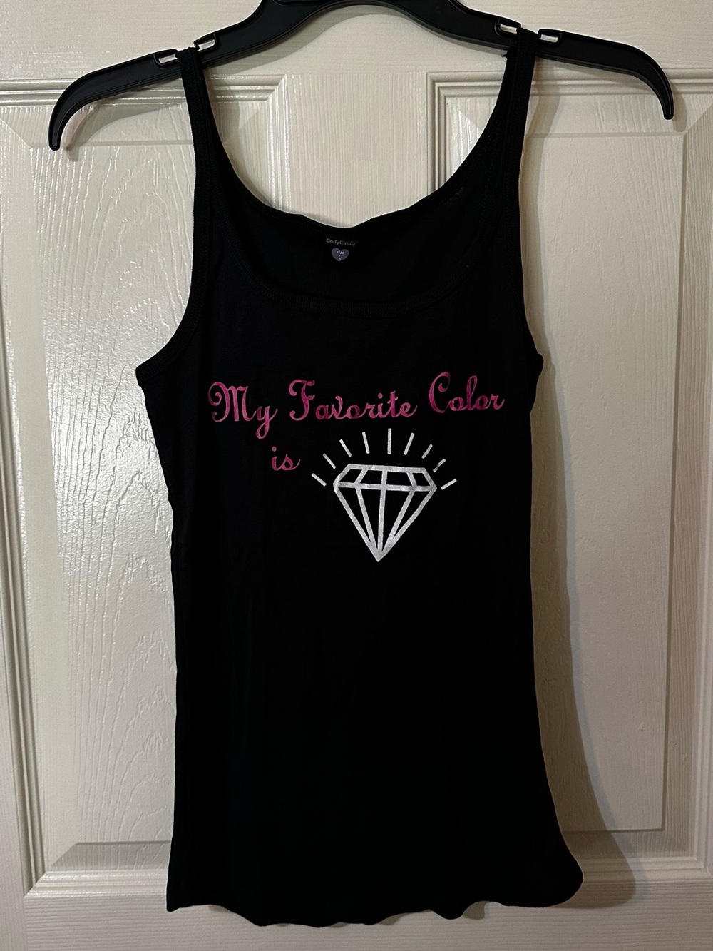 Black Tank Top with Pink Script and White Diamond Graphic